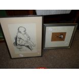 2x Pencil Drawings of a Baby & Girl