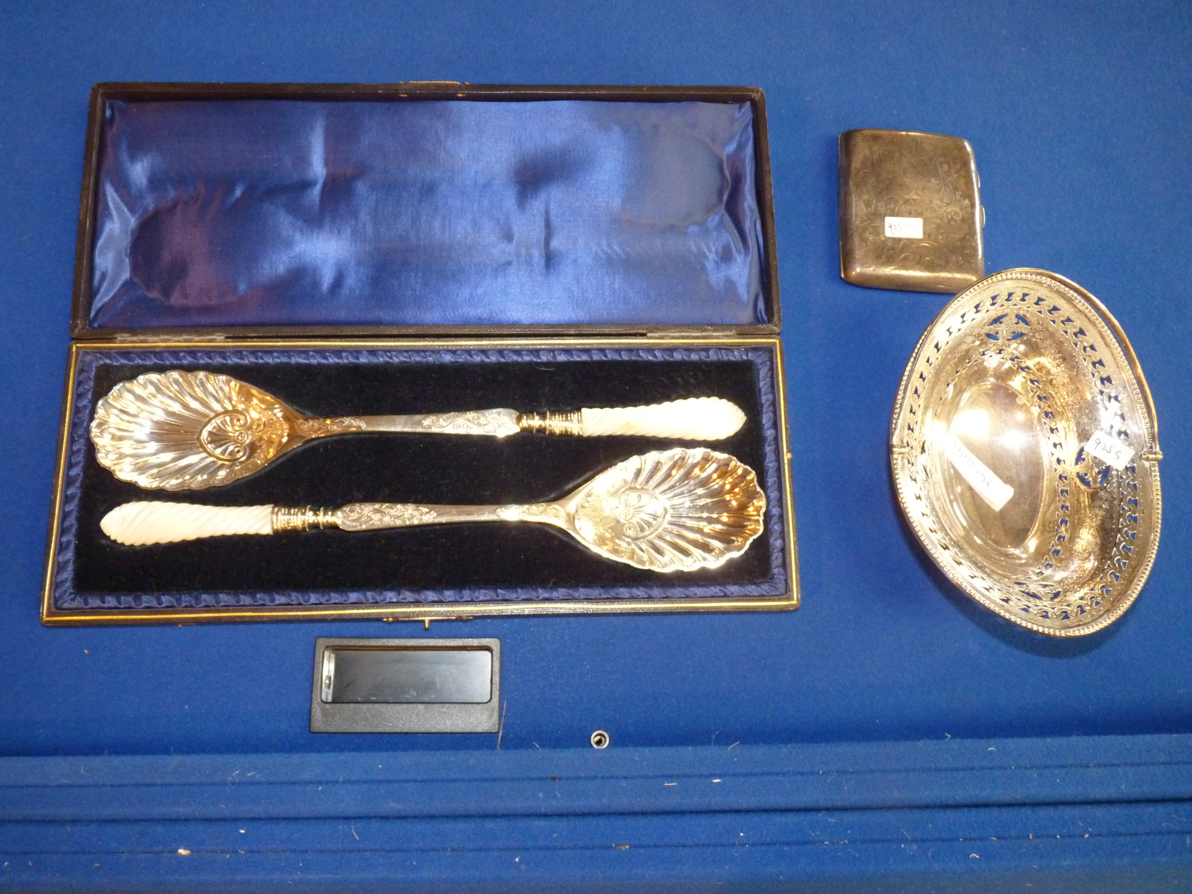 Silver Basket, Cigarette Case & Plated Cutlery