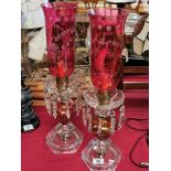 Pair of Ruby Glass Lustres - Late Victorian & Mounted onto Art-Deco Style Glass Bases