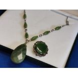Art-Deco Style Green Stone Necklace & Brooch