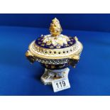 Antique Bloor Derby Pedestal Vase in Cobalt Blue w/gilt detail - 14cm high w/lid