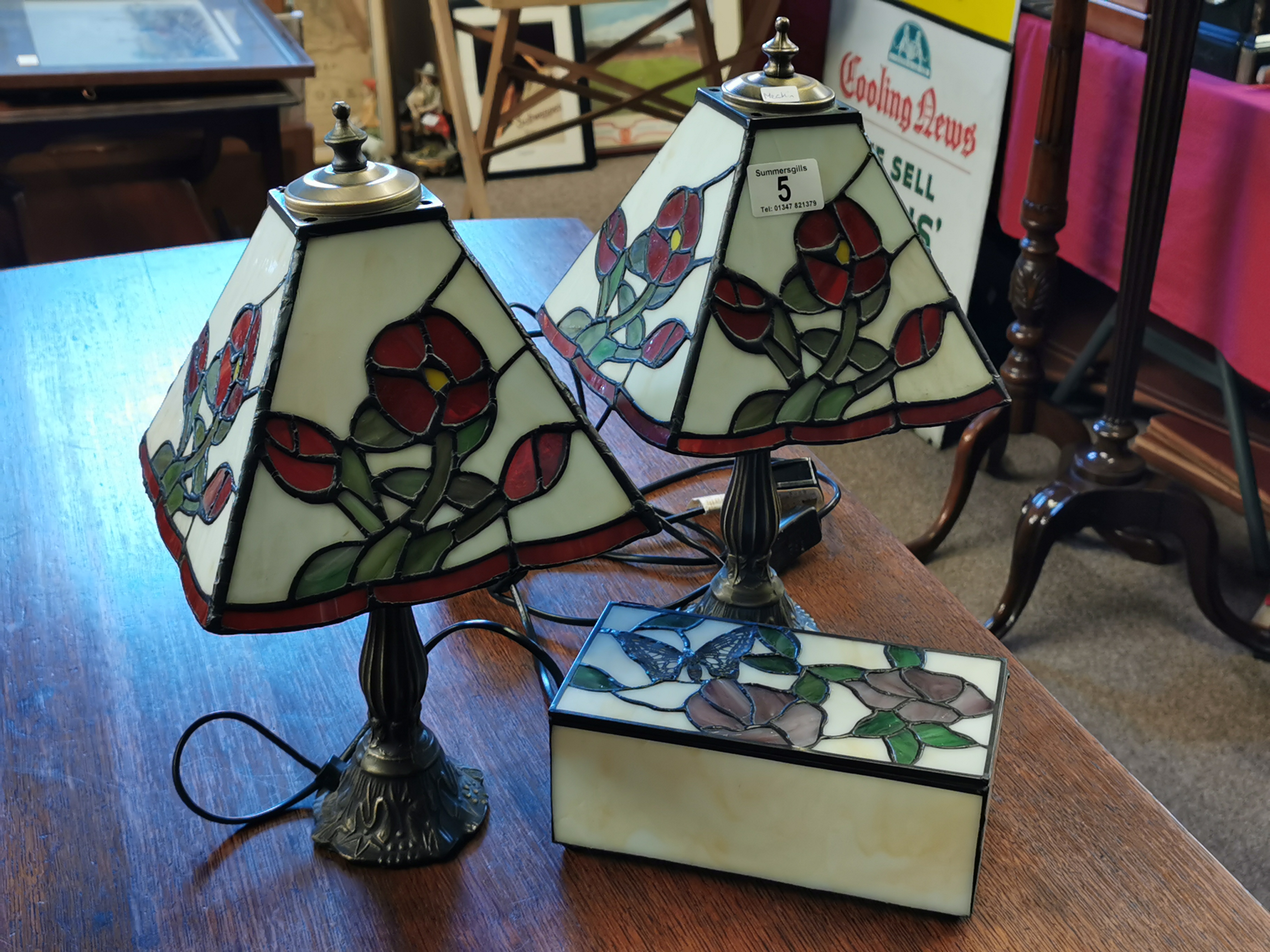 Pair of Tiffany Style Bedside Lamps & a Tiffany Style Jewellery Box