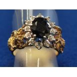 9ct Gold Ring w/Sapphire & White Stones on a Heavy Mount, size L