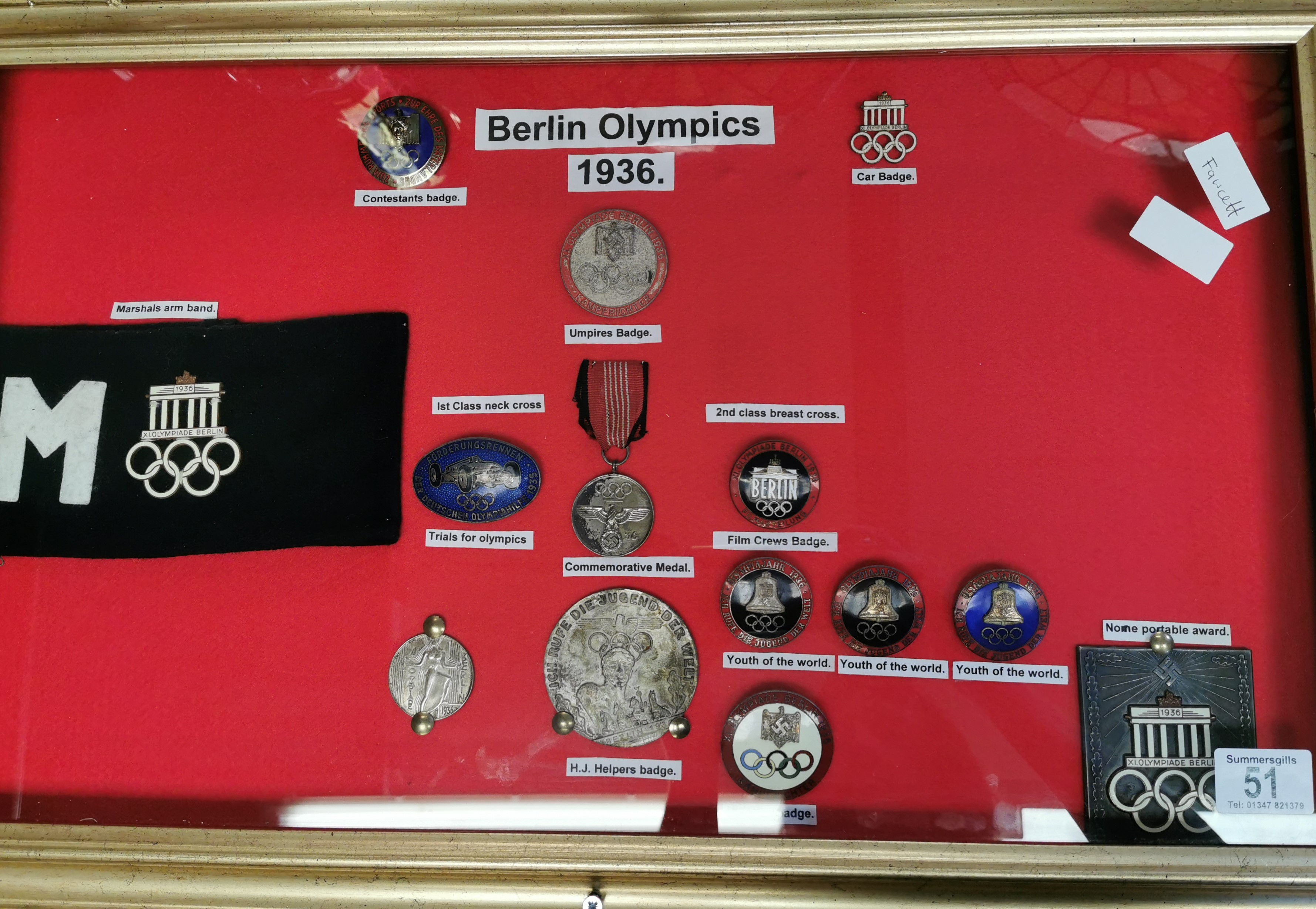 Framed Berlin Germany 1936 Olympics Badge & Award Collection