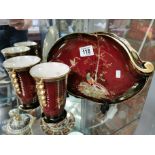 Crown Devon Fieldings Oriental Rouge Lustre Leaf Platter & Vase Pair