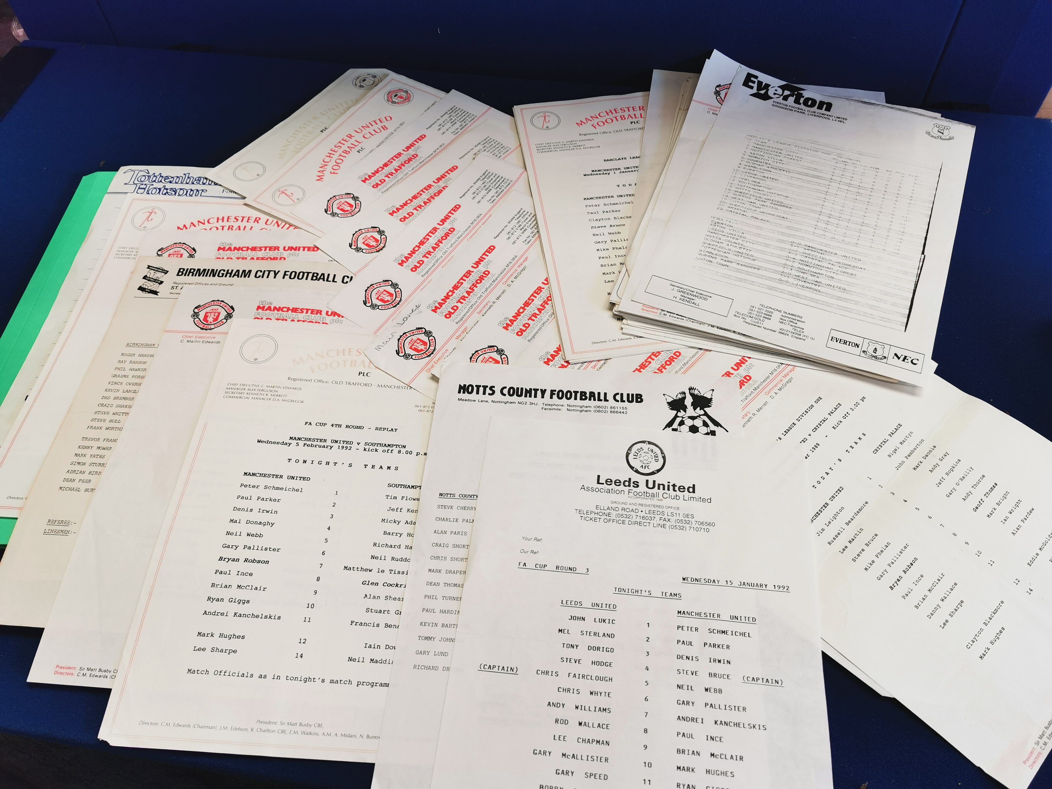 Folder of Manchester United Team Sheets 1989-1992