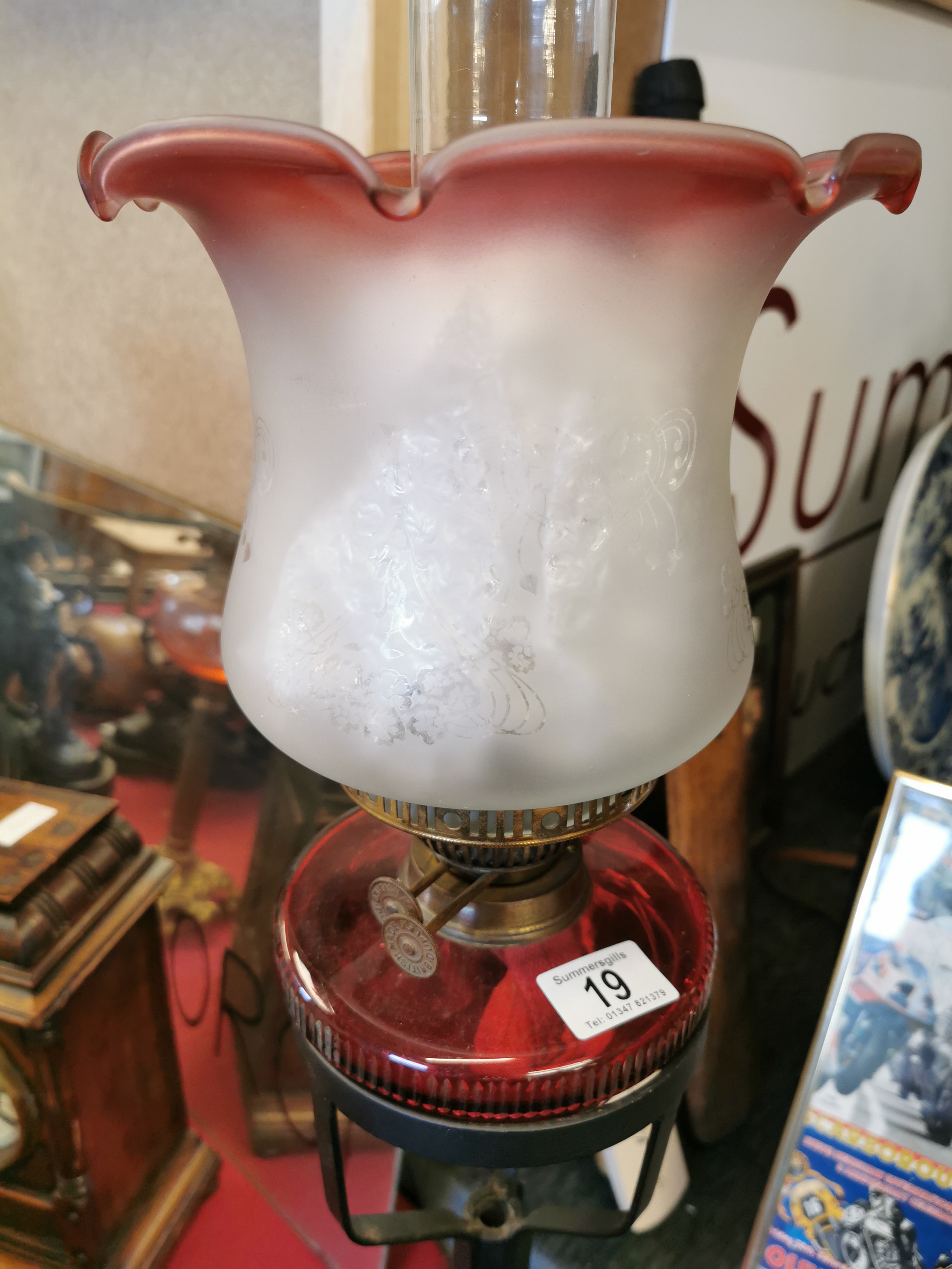 Cranberry Glass British Made Duplex Oil Lamp on a Cast-Iron Base - total height 150cm - Image 2 of 2