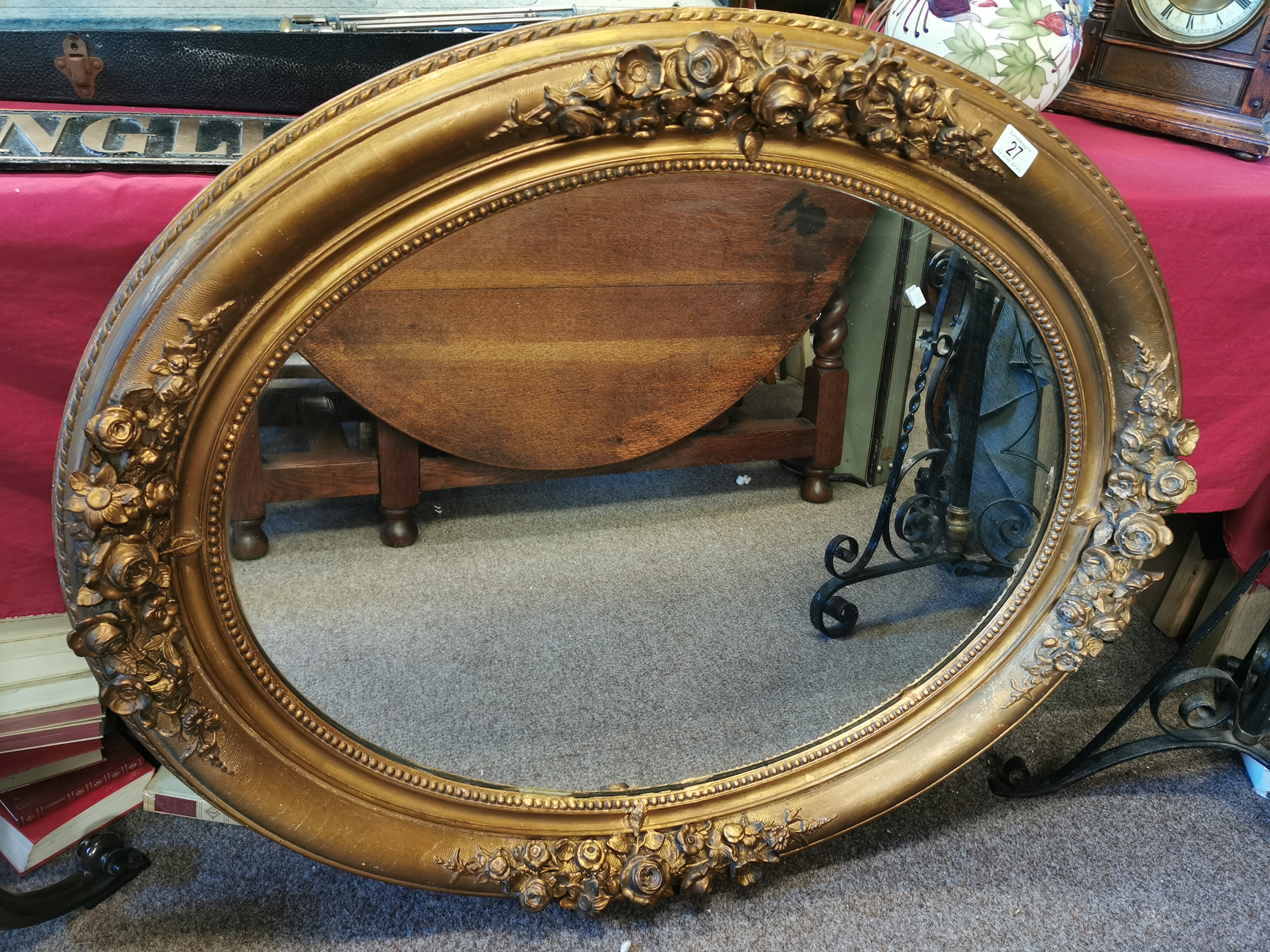 Large Gilt & Floral Detail Framed Oval Mirror, 102cm by 87