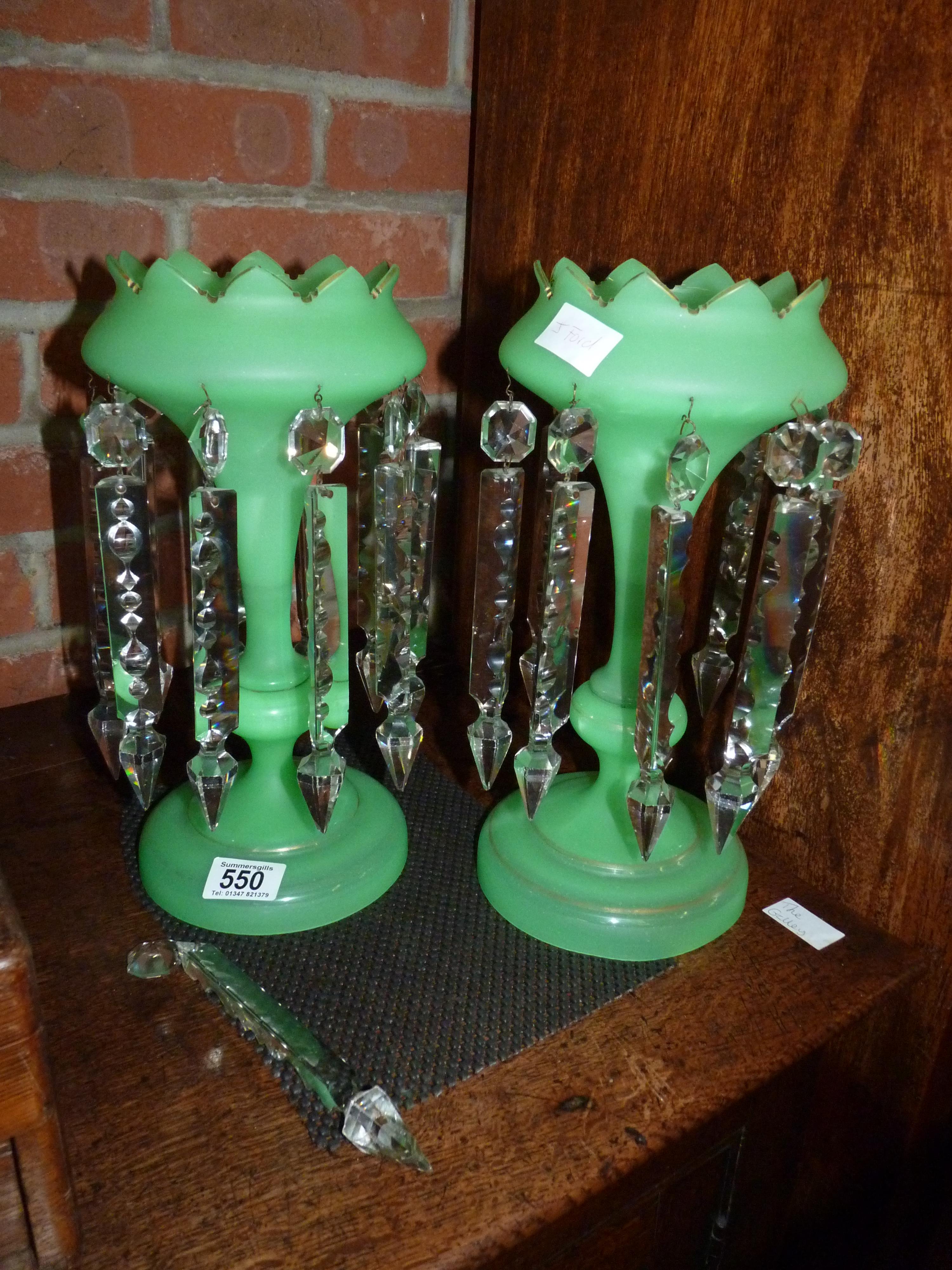 Pair of Edwardian Opaque Green Art Glass Lustres