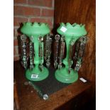 Pair of Edwardian Opaque Green Art Glass Lustres