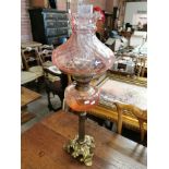 Vintage Brass Duplex Oil Lamp w/fluted Rose Glass