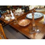 Pair of Arts & Crafts Candlesticks + Brass Bowl