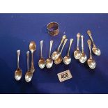 Silver napkin ring and silver and silver plated tea spoons