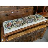 Rectangular Arts & Crafts Oak Footstool w/Floral Needlework Top