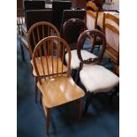 2 Victorian Mahogany balloon back chairs plus two Ercol chairs