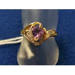 10ct Yellow Gold Ring w/Purple Heart Shaped Stone, size N
