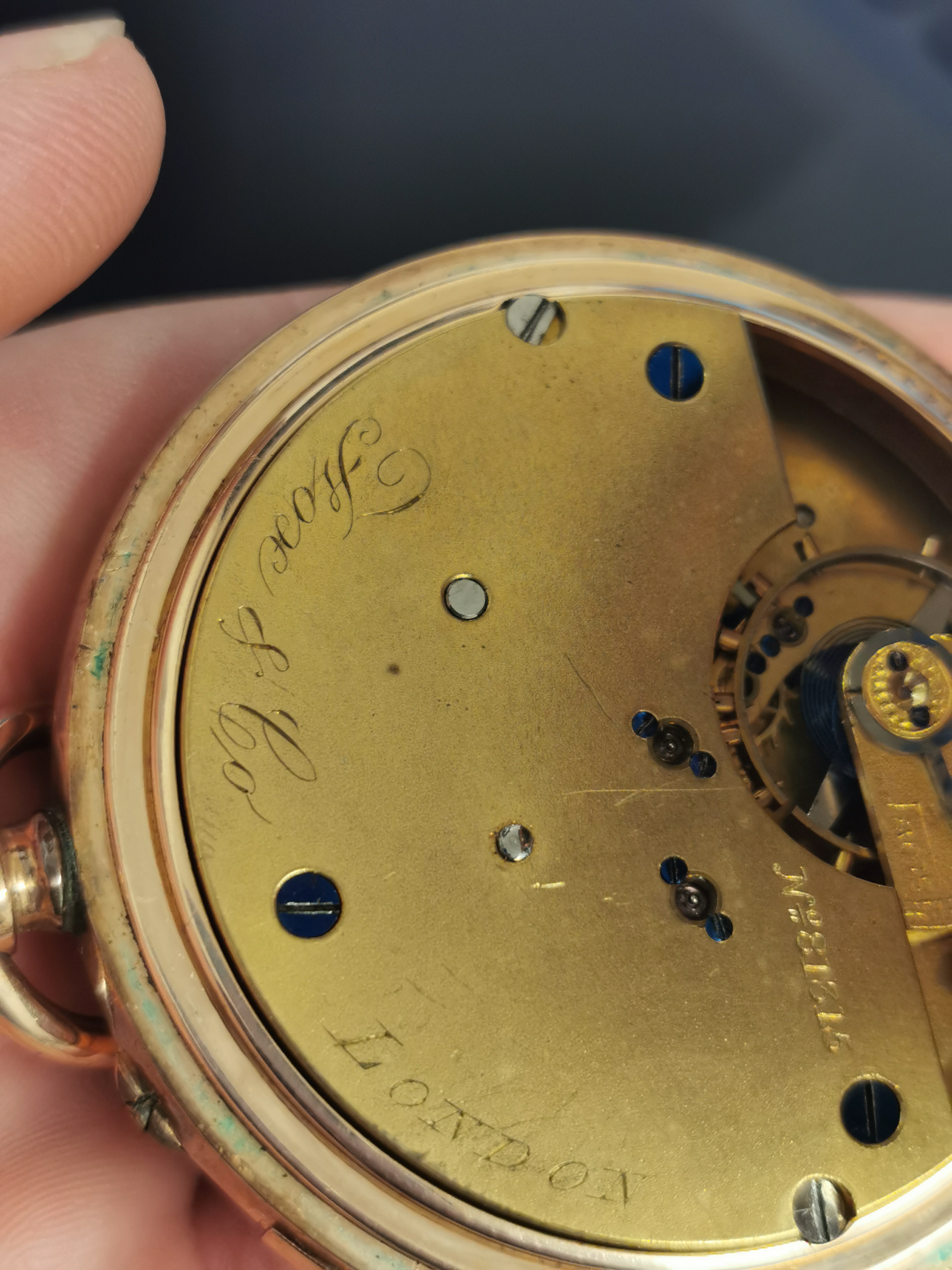 London-Made Gents Gold pocket watch (not working) - marked "Two Plates of 14ct Gold" to case - Image 5 of 6
