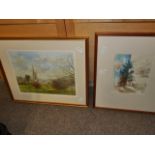 Burford from the river wind rush by Ken Messer ltd print plus a watercolour of a french style group