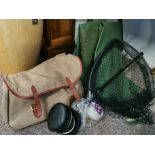 Fishing items including net, reels, bag and boots