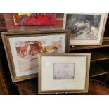 2 Russell Flint prints and ink drawing of 3 women