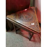 Oak triangular carved coffee table with drop leaves
