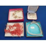 Costume jewellery incl coral style necklace, Pearl style necklace and earrings, floral and white