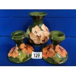 Pair of Moorcroft Green Hibiscus Candlesticks (h 8.5cm) & Vase (h 13cm)