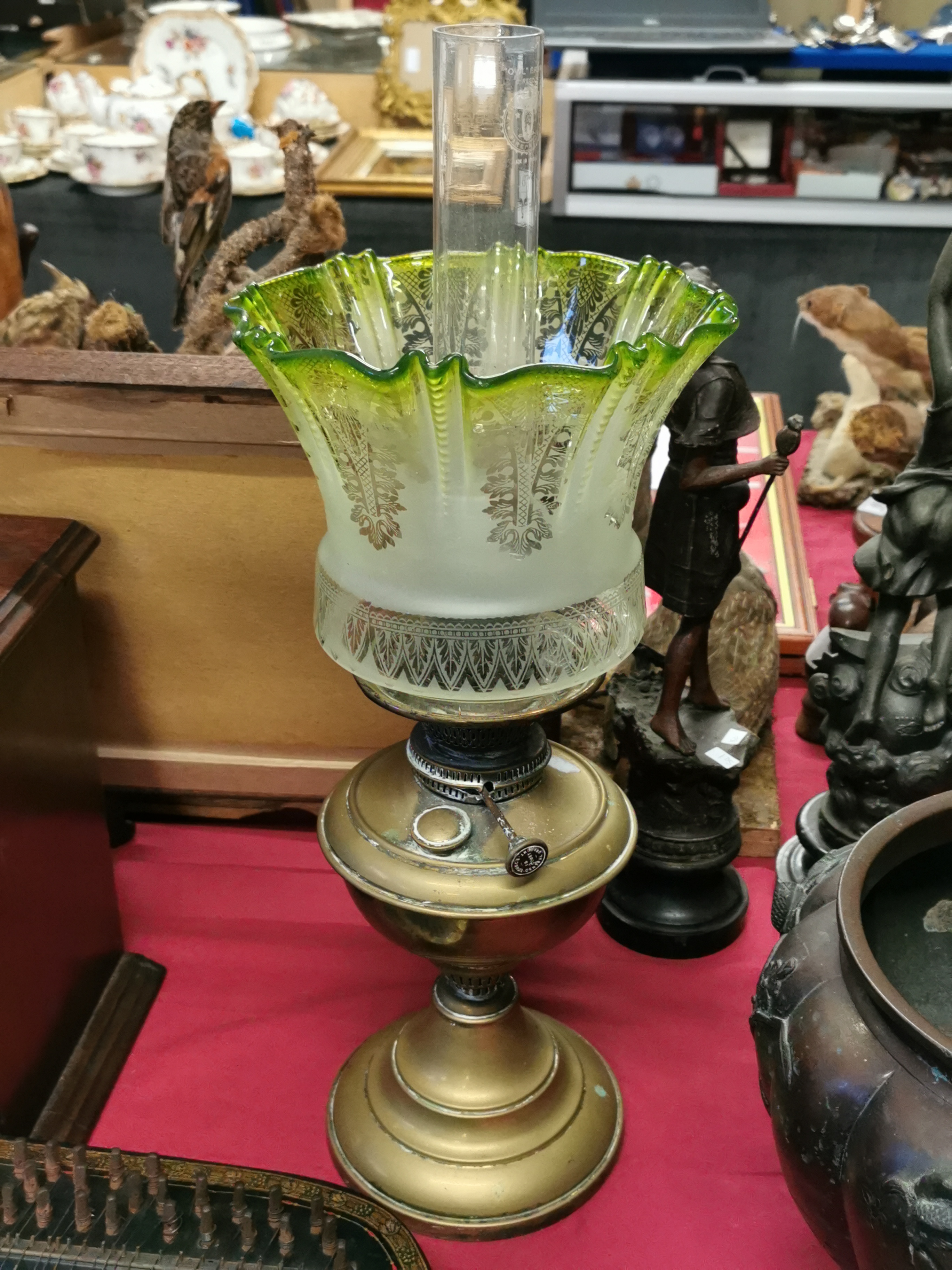 Youngs Central Draught Victorian Oil Lamp w/Prussian "Owl" Funnel & Green Fluted Glass