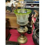 Youngs Central Draught Victorian Oil Lamp w/Prussian "Owl" Funnel & Green Fluted Glass