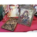 Pair of Religious Bulgarian Plaques - both approx 33cm high - one of Virgin with Child (wood) &
