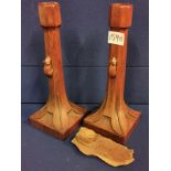 Pair of Early Mouseman Yorkshire Oak Candlesticks - height 25cm