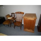 Farmhouse chair, pine cupboard, nursing chair and child's high chair