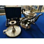 London silver tea pot 482g marked MB slight dint, 6 Sheffield silver tea spoons and tongs in case