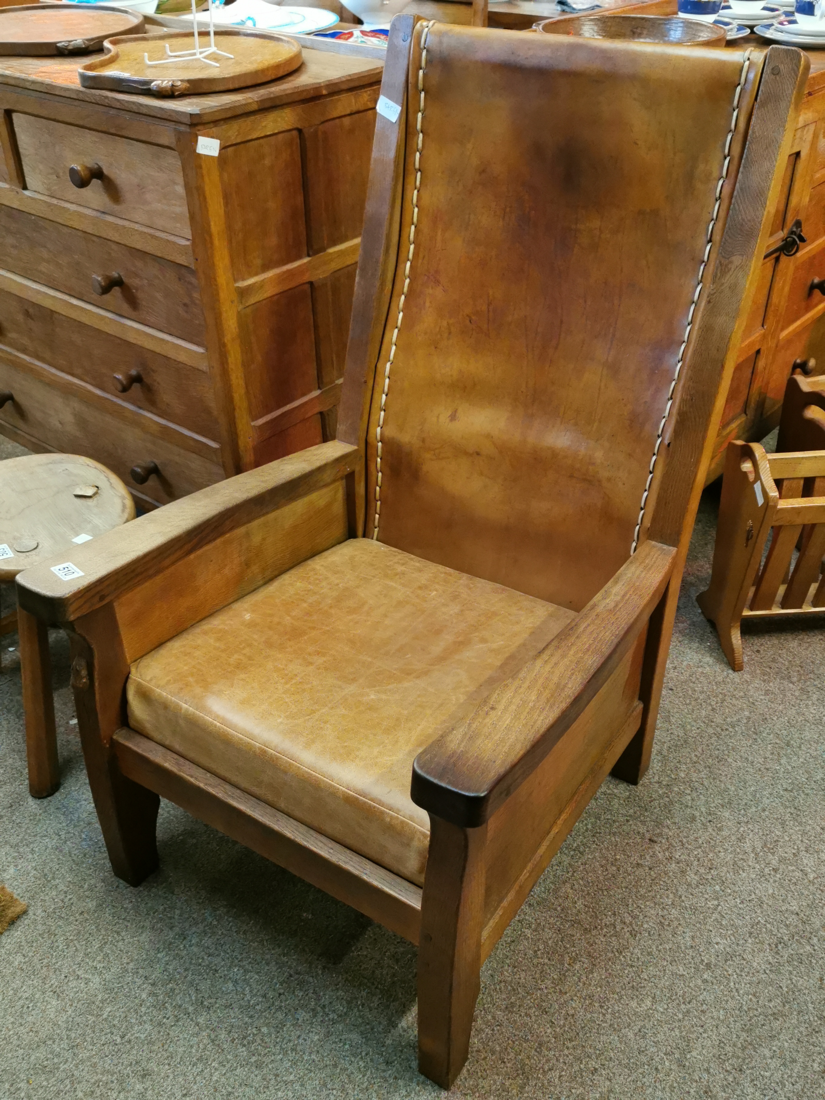 Mouseman Yorkshire Oak Large Leather High-Backed Armchair