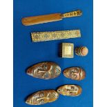 Tunbridge Ware: Pin cushion, ruler, letter opener and stamp box. Plus 4 x Kenyan face pendants