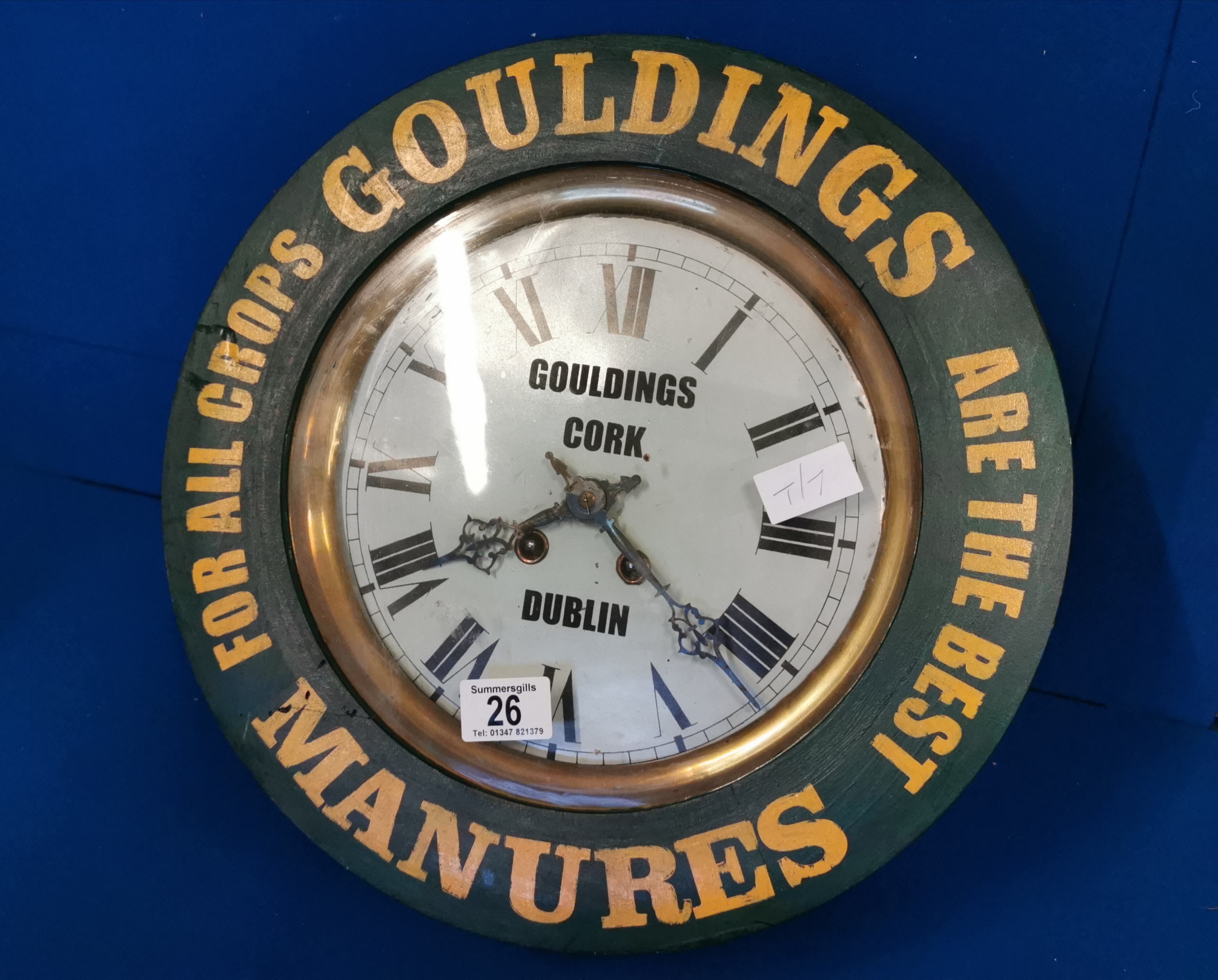 Gouldings of Cork & Dublin Irish Agricultural Advertising Clock - diameter 38cm by 13cm deep