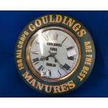 Gouldings of Cork & Dublin Irish Agricultural Advertising Clock - diameter 38cm by 13cm deep