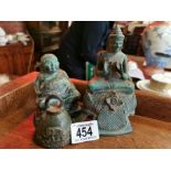 Trio of bronze Buddha and prayer bell figures