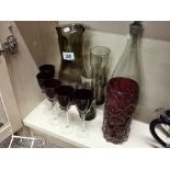 Coloured glass sherry glasses, decanter plus retro jug and glasses