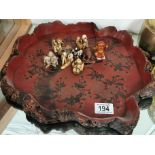 Carved Japanese Tea Tray + Various Netsuke