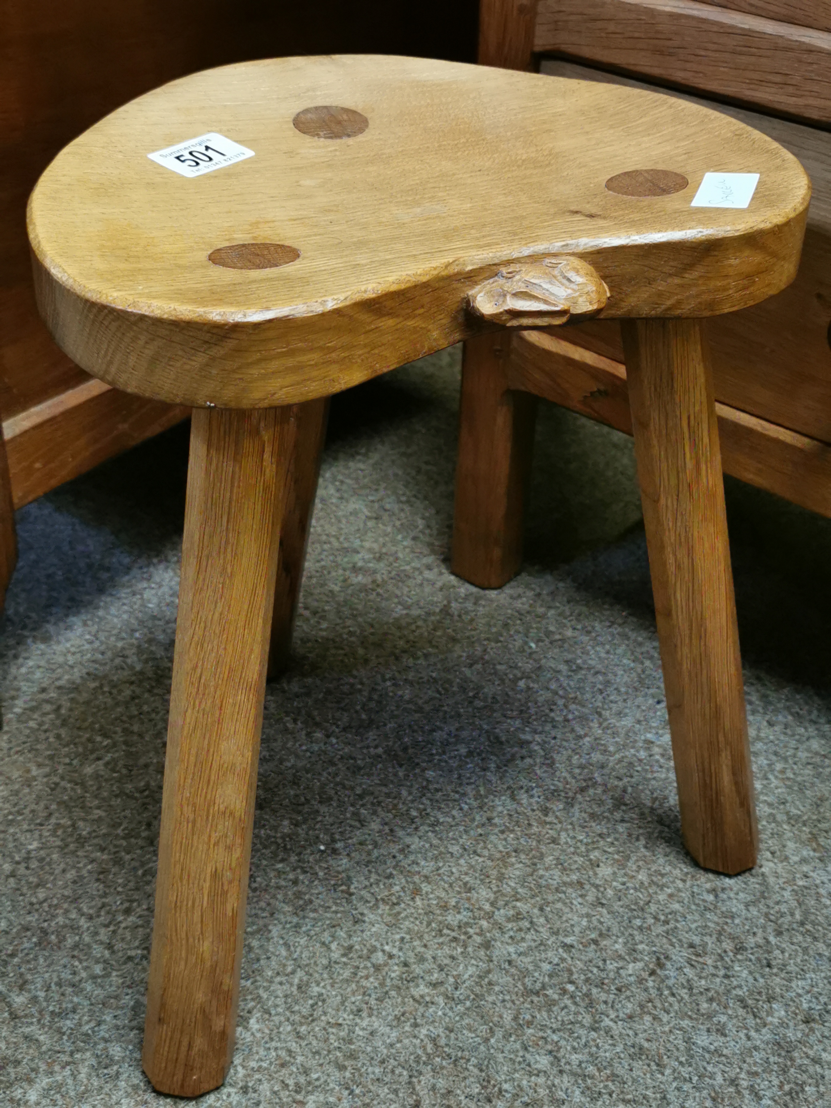 Rabbitman Yorkshire Oak Three-Legged Milking Stool - Mouseman Interest