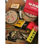 Collection of old tins, pen knives reading glasses etc