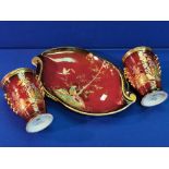 Pair of Rouge lustre crown Devon cups and plate