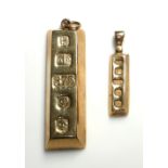 TWO 9CT GOLD INGOT BAR PENDANTS Each having London hallmarks.