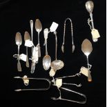 A MIXED GEORGIAN SILVER AND LATER FLATWARE Including teaspoons, jam spoon and sugar tongs.