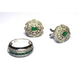 A 9CT WHITE GOLD, EMERALD AND DIAMOND RING AND EARRINGS SET Row of emeralds edged with diamonds (