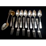 A PART CANTEEN OF 18TH CENTURY RUSSIAN SILVER FLATWARE Including six tablespoons, forks, a large