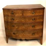 AN EARLY VICTORIAN MAHOGANY BOW FRONTED CHEST Of two short and three long drawers, on splayed