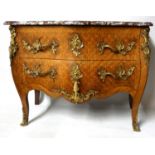 19TH CENTURY FRENCH KINGWOOD AND PARTQUETRY SEREPENTINE BOMBE COMMODE The shaped rouge marble top