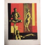 MICHAEL AYRTON, 1921 - 1975, A SIGNED ARTIST PROOF ON EMBOSSED PAPER Acrobatic figures on red